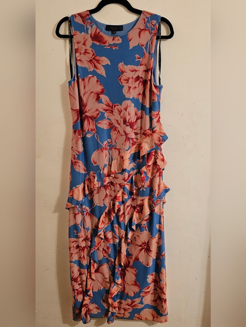 RACHEL Rachel Roy Blue Maxi Dress w/ Pink Floral Pattern. Diagnol Ruffles. Large